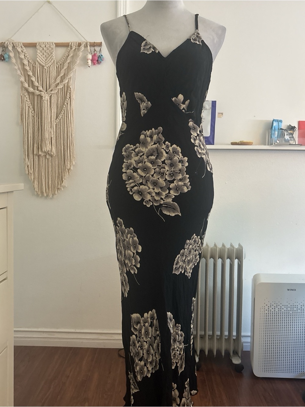 Newport News Black Slip Maxi Dress with Beige Floral Print - best for medium